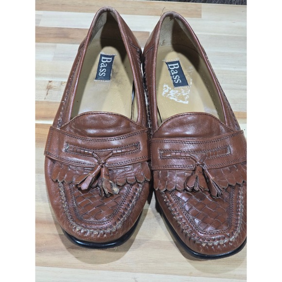 Bass Loafers Woven Leather Tassel Kiltie Slip On 9.5 Brown Dress Shoes Vintage - Picture 15 of 16